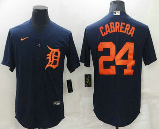 Men's Detroit Tigers #24 Miguel Cabrera Blue With Orange Stitched Cool Base Nike Jersey