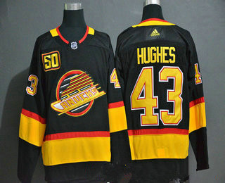 Men's Vancouver Canucks #43 Quinn Hughes Black 50th Season Adidas Stitched NHL Jersey