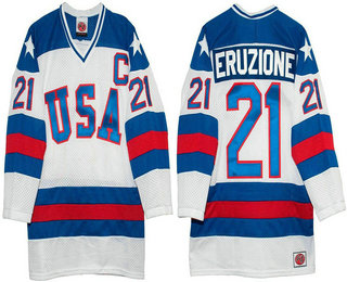 Men's 1980 Olympics USA #21 Mike Eruzione White Throwback Stitched Vintage Ice Hockey Jersey