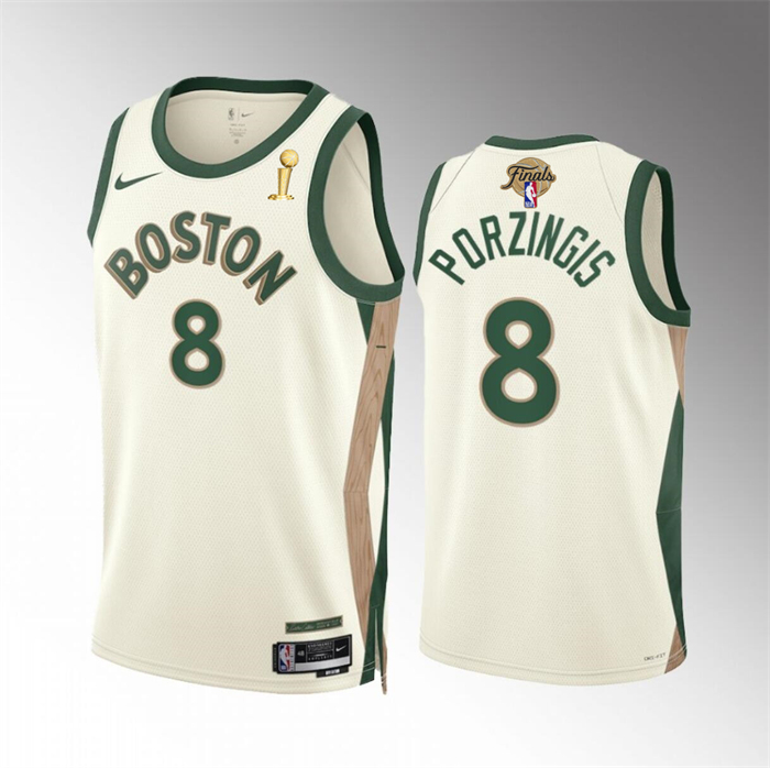 Men's Boston Celtics #8 Kristaps Porzingis 2024 Finals Champions City Edition Stitched Basketball Jersey