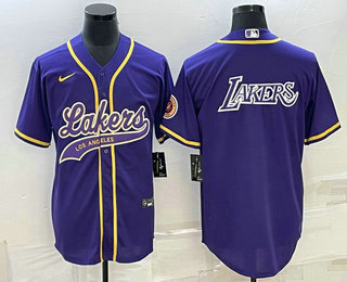 Men's Los Angeles Lakers Purple Big Logo Cool Base Stitched Baseball Jersey