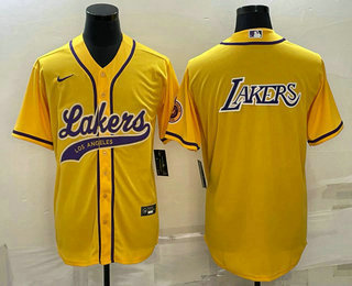 Men's Los Angeles Lakers Yellow Big Logo Cool Base Stitched Baseball Jerseys