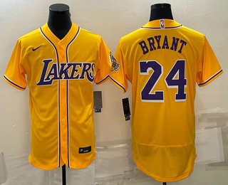 Men's Los Angeles Lakers #24 Kobe Bryant Yellow Stitched Flex Base Nike Baseball Jersey