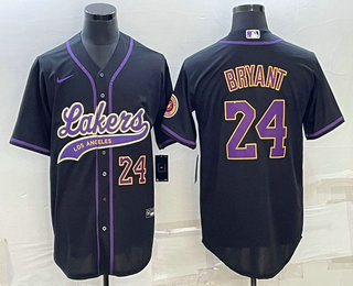 Men's Los Angeles Lakers #24 Kobe Bryant Number Black With Patch Cool Base Stitched Baseball Jersey