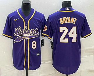 Men's Los Angeles Lakers #8 #24 Kobe Bryant Number Purple With Patch Cool Base Stitched Baseball Jersey