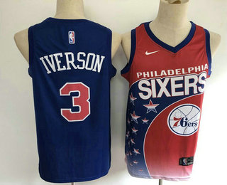 Men's Philadelphia 76ers #3 Allen Iverson Red with Blue Salute Nike Swingman Stitched NBA Jersey