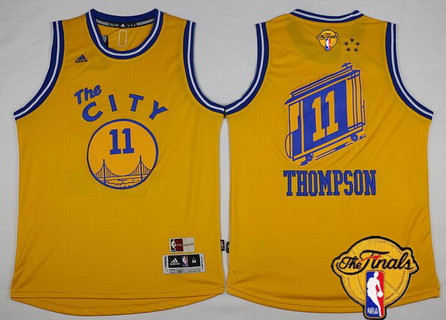 Men's Golden State Warriors #11 Klay Thompson Retro Yellow 2017 The NBA Finals Patch Jersey