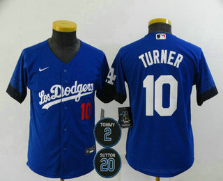 Youth Los Angeles Dodgers #10 Justin Turner Blue #2 #20 Patch City Connect Number Cool Base Stitched Jersey